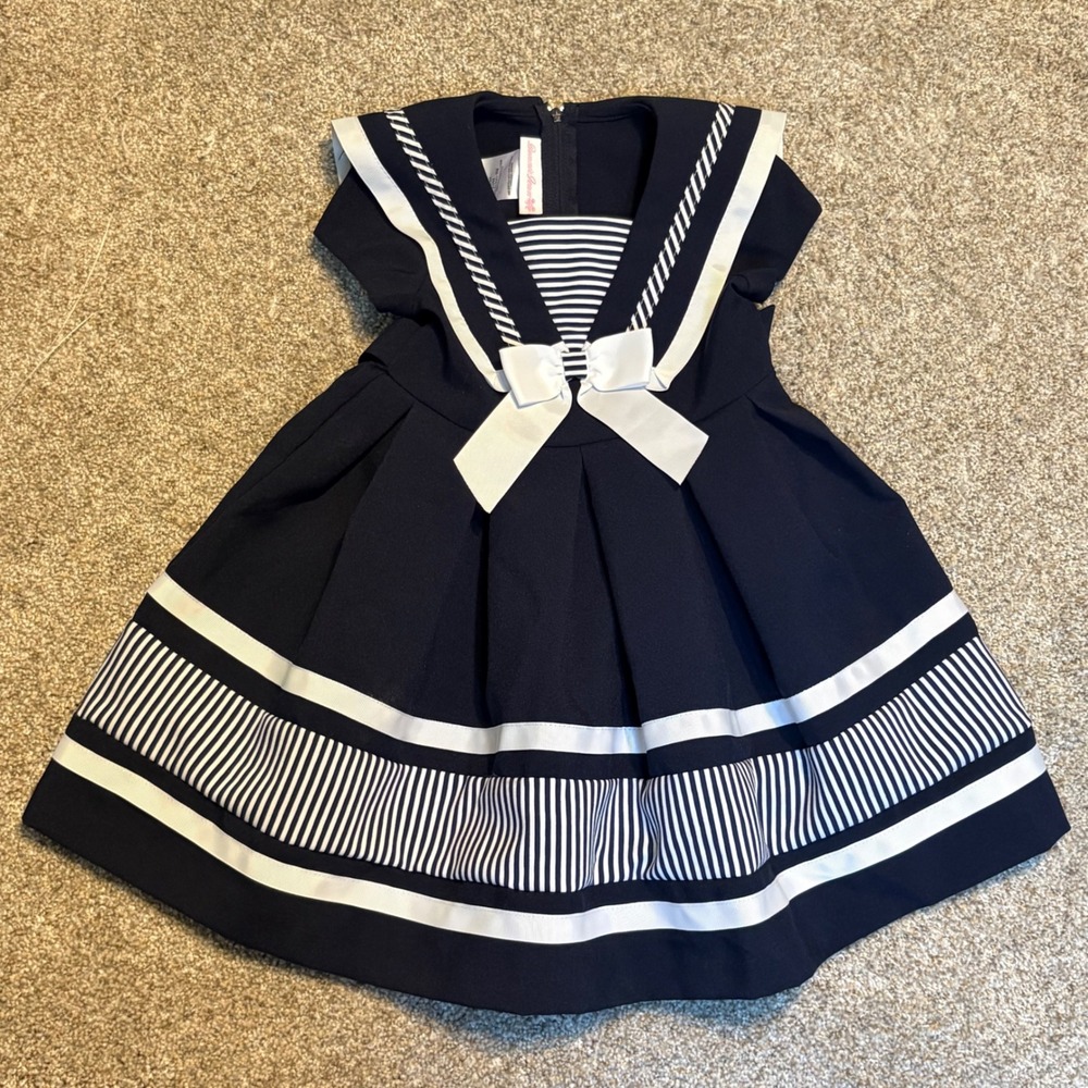 Bonnie Jean Sailor Dress Girls 3T Navy Blue White Striped Bow Nautical Coastal‎